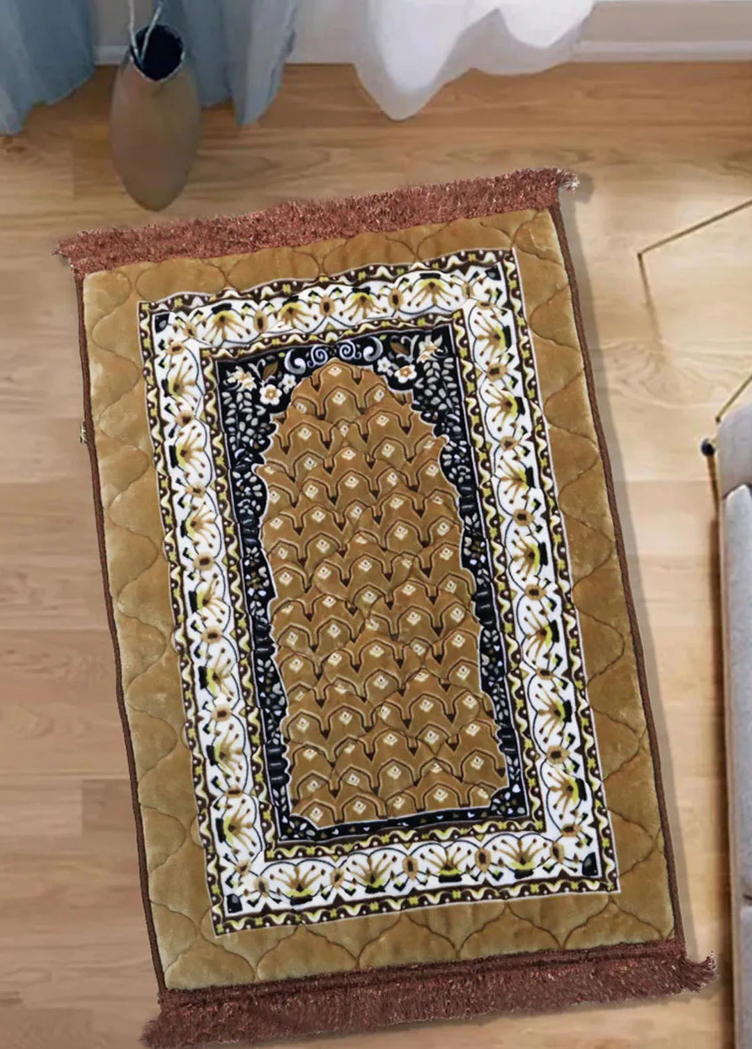 Plush Mink Mughal Plus Cloudy Janamaz Prayer Mat-Caramel