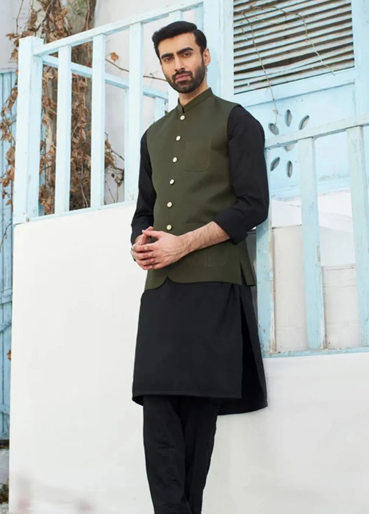 Muraqsh Black Kurta Trouser with Army Green Suiting Waistcoat Round Cut