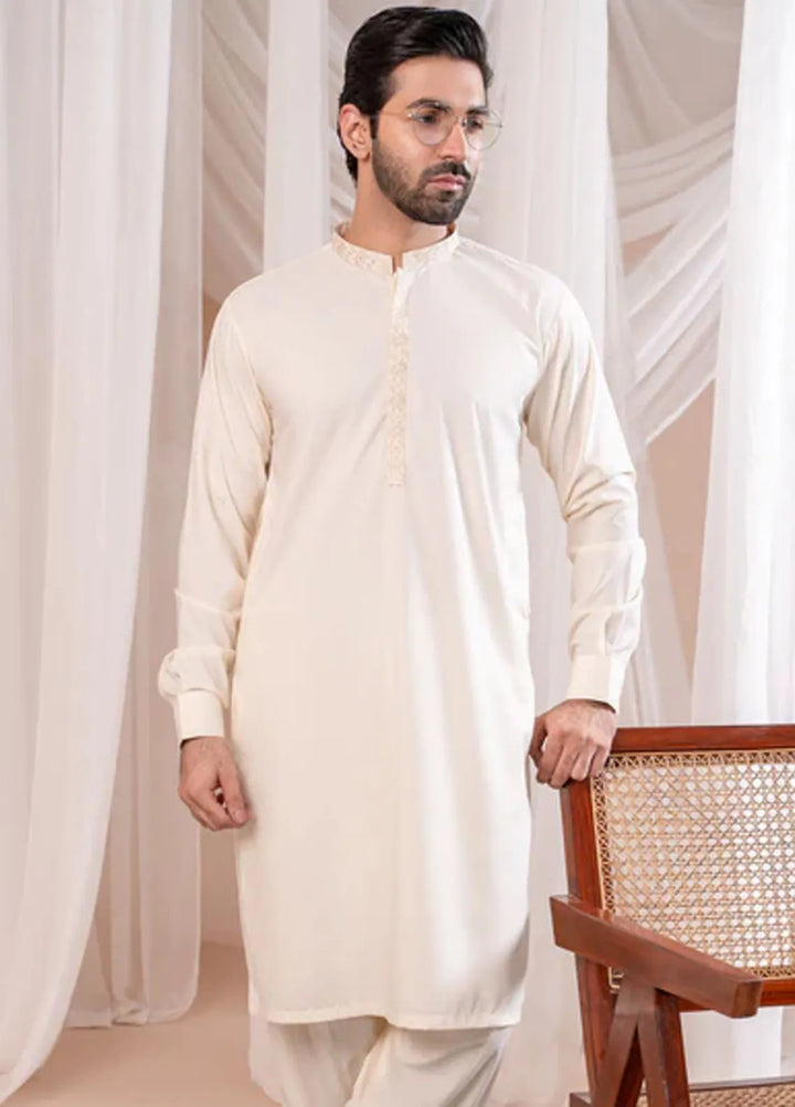 Muraqsh Blended Mens Formal Bosky White Kurta Shalwar