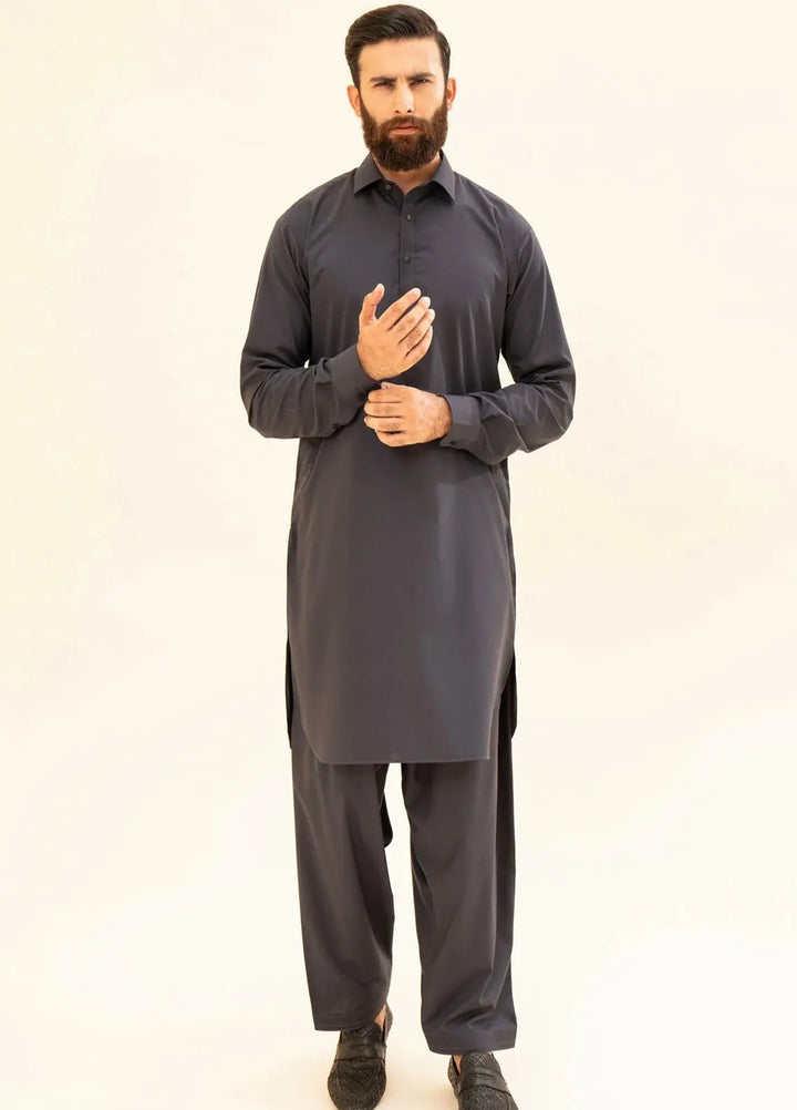 Muraqsh Blended Plain Mens Shalwar Kameez - Charcoal Grey French Collar