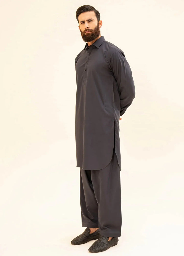 Muraqsh Blended Plain Mens Shalwar Kameez - Charcoal Grey French Collar