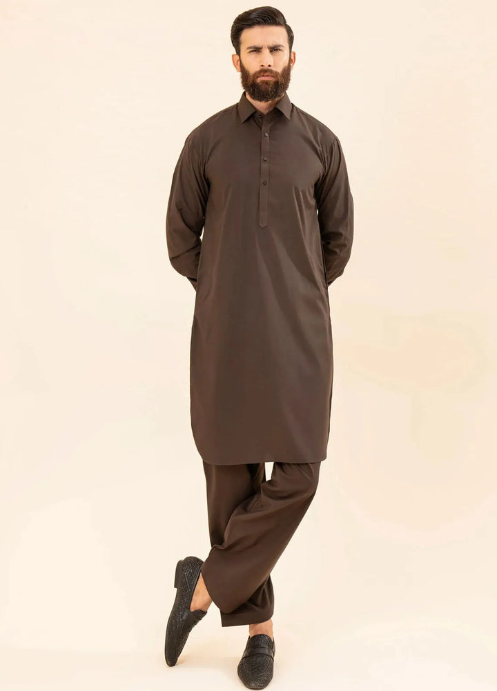Muraqsh Blended Plain Mens Shalwar Kameez - Dark Brown French Collar