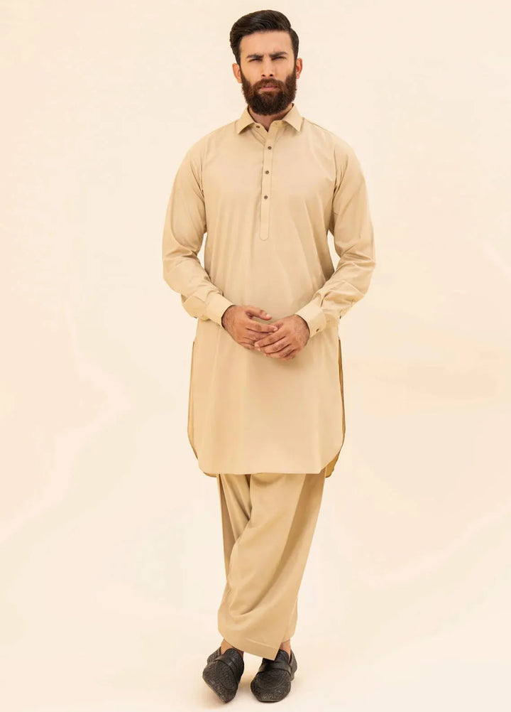 Muraqsh Blended Plain Mens Shalwar Kameez - Ivory French Collar