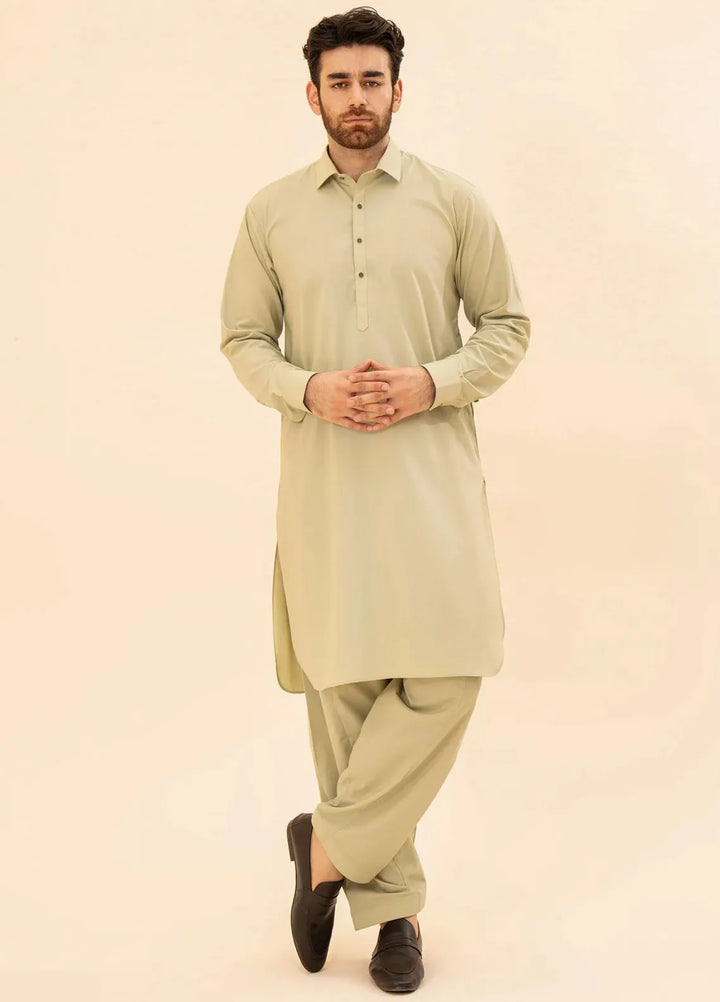 Muraqsh Blended Plain Mens Shalwar Kameez - Mint French Collar