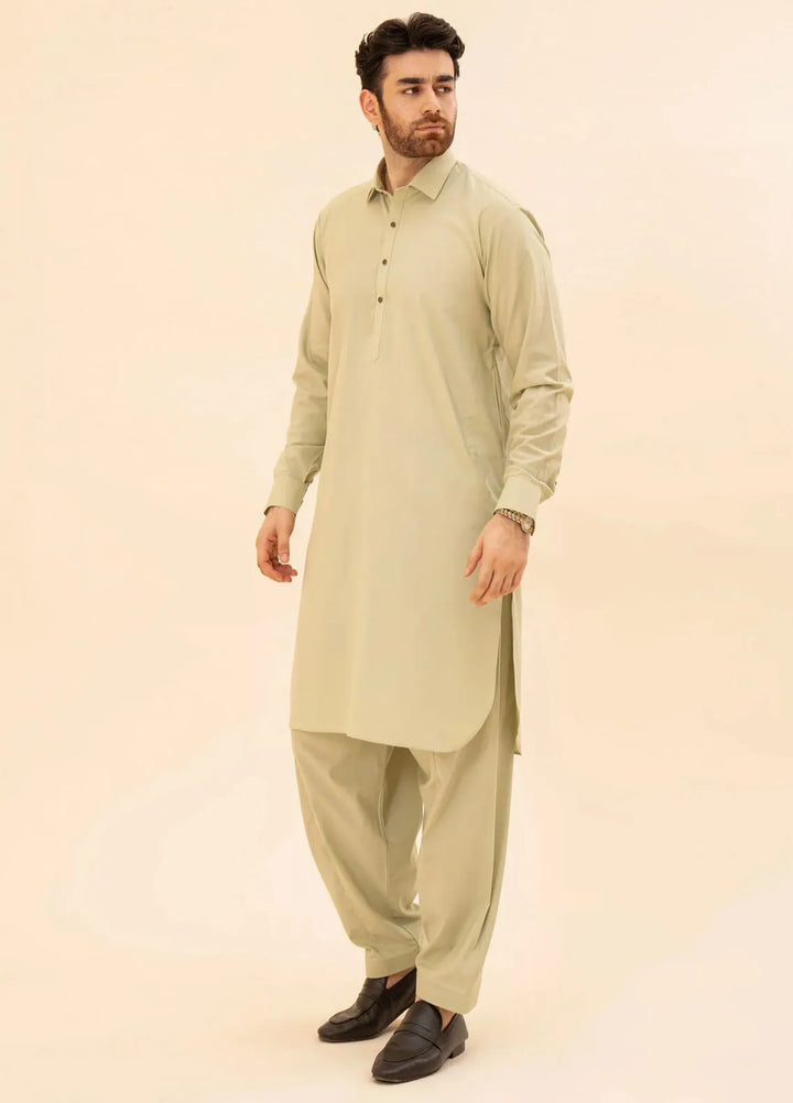 Muraqsh Blended Plain Mens Shalwar Kameez - Mint French Collar