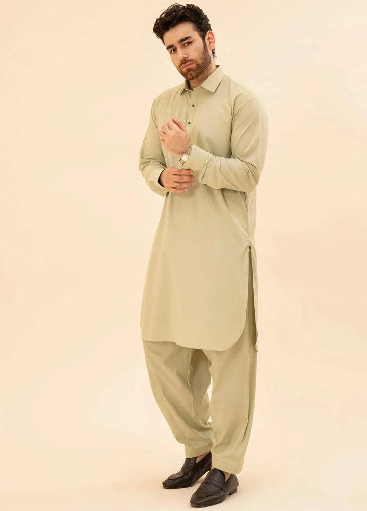 Muraqsh Blended Plain Mens Shalwar Kameez - Mint French Collar