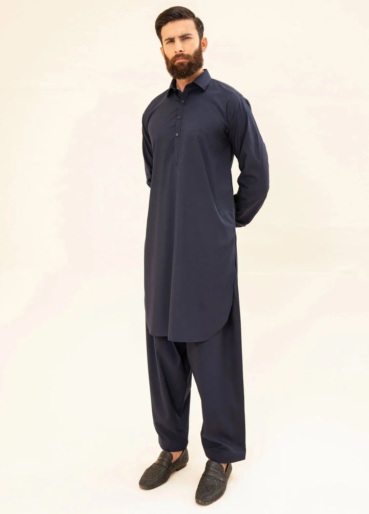 Muraqsh Blended Plain Mens Shalwar Kameez - Navy Blue French Collar