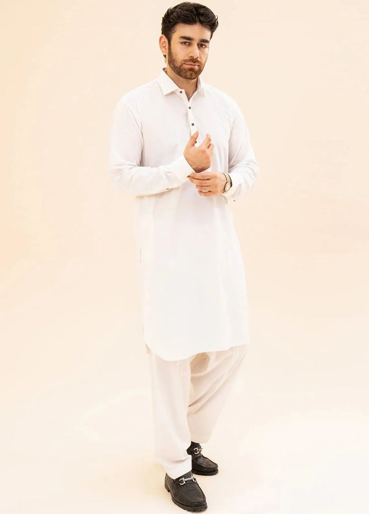 Muraqsh Blended Plain Mens Shalwar Kameez - Off White French Collar