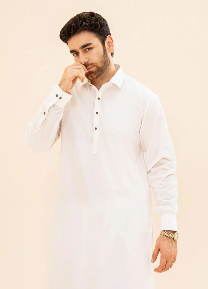 Muraqsh Blended Plain Mens Shalwar Kameez - Off White French Collar