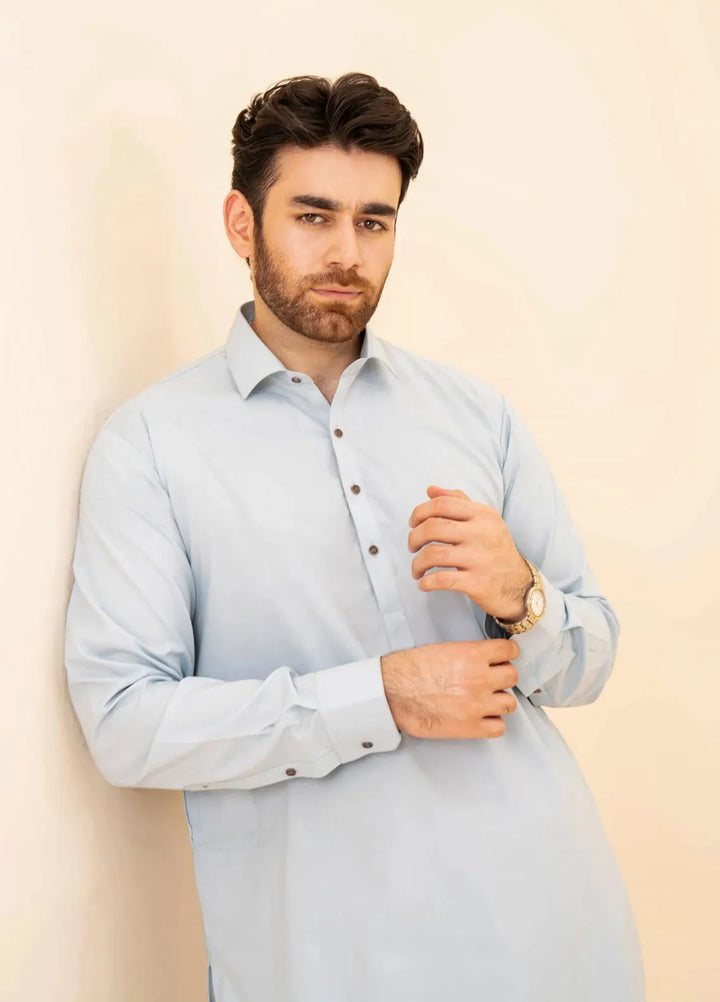 Muraqsh Blended Plain Mens Shalwar Kameez - Sky Blue French Collar