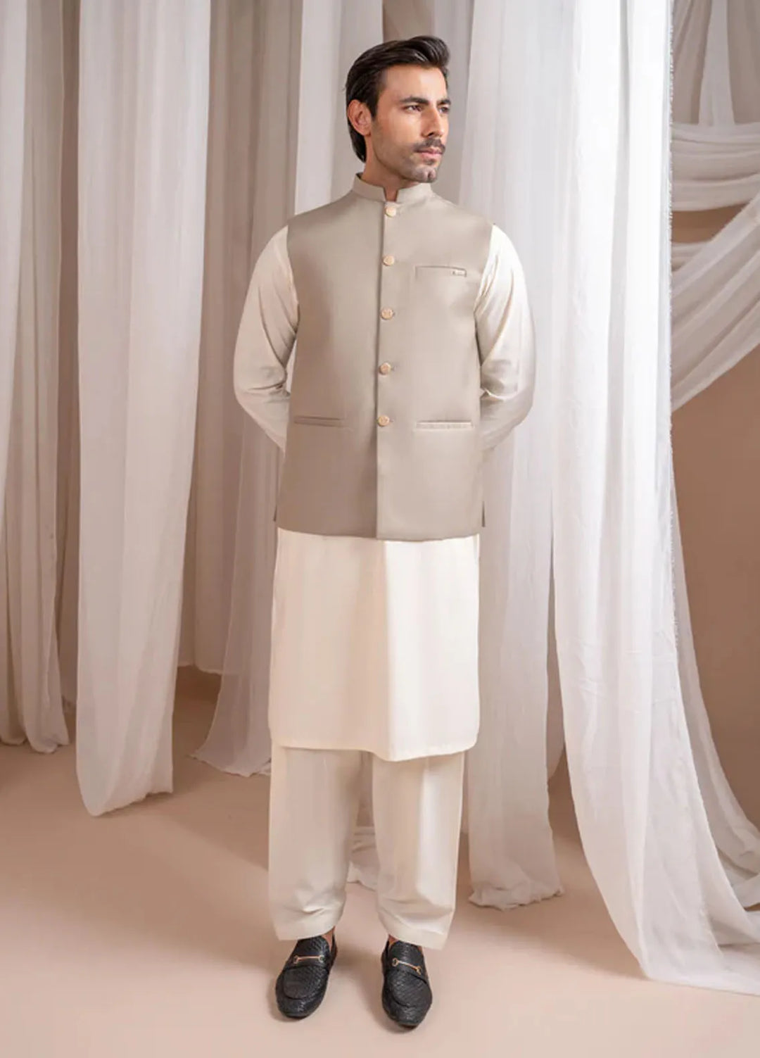 Muraqsh Bosky White Kurta Shalwar with Beige Suiting Waistcoat Straight Cut