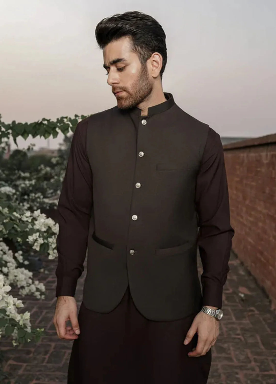 Muraqsh Dark Brown Kameez Shalwar with Suiting Waistcoat Round Cut