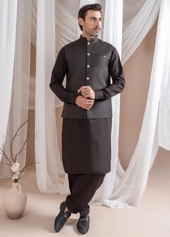 Muraqsh Dark Brown Kurta Shalwar with Suiting Waistcoat Straight Cut