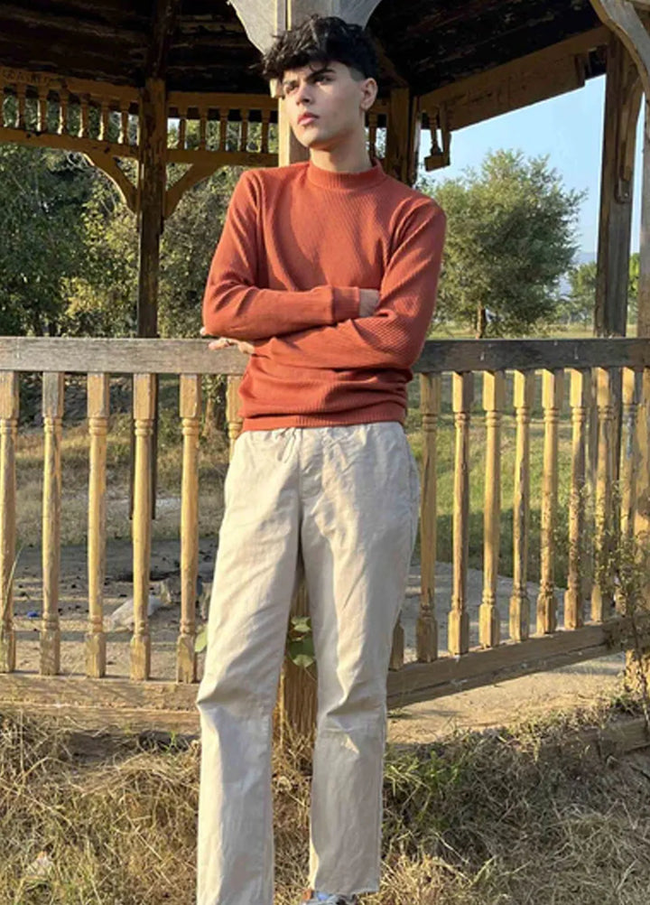 Muraqsh Mens Orange Rust Drop Needle Mock Neck