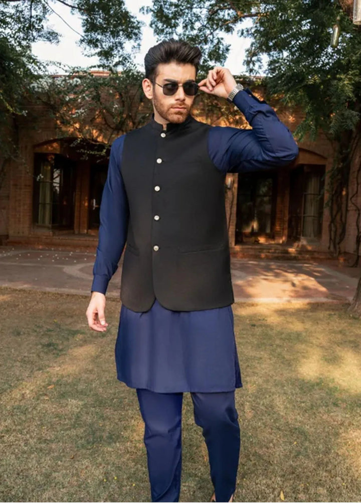 Muraqsh Navy Blue Kurta Trouser with Black Suiting Waistcoat Round Cut