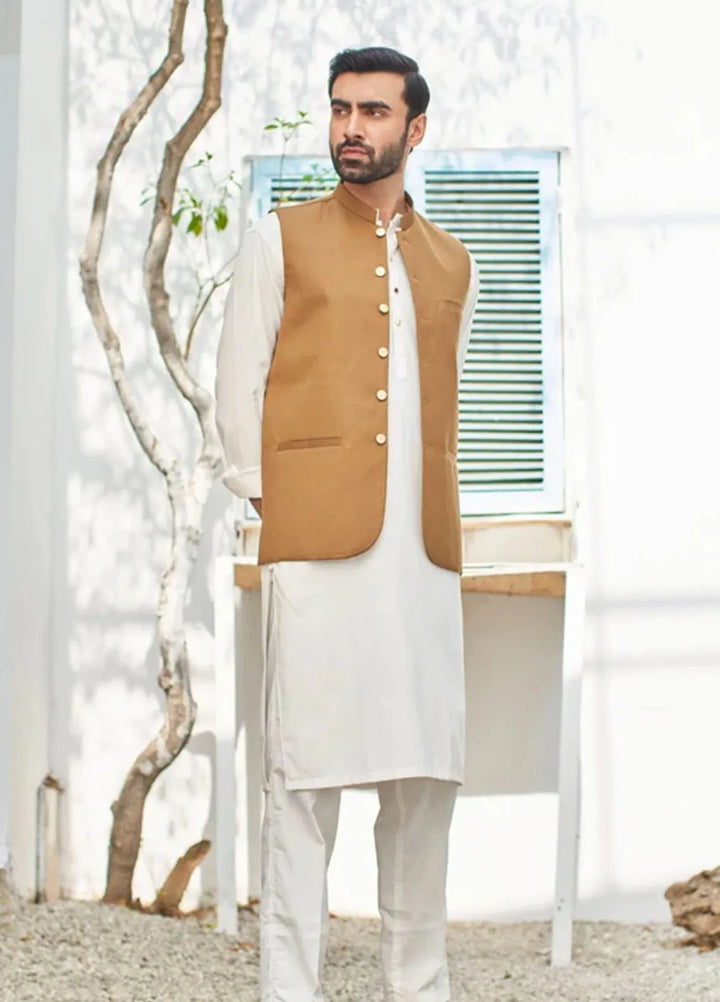 Muraqsh Off White Kameez Shalwar with Camel Suiting Waistcoat Round Cut