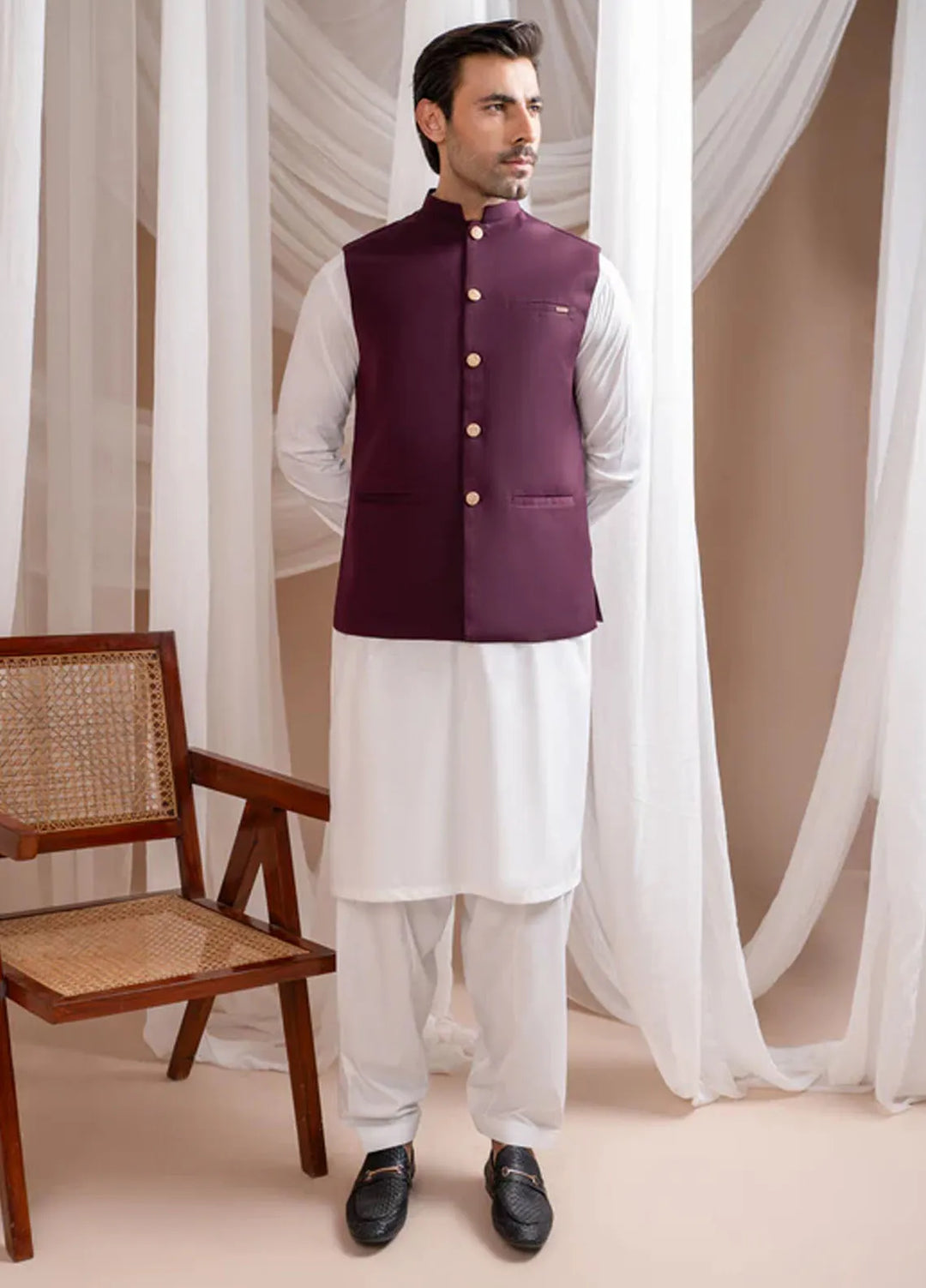 Muraqsh Off White Kurta Shalwar with Burgundy Suiting Waistcoat Straight Cut