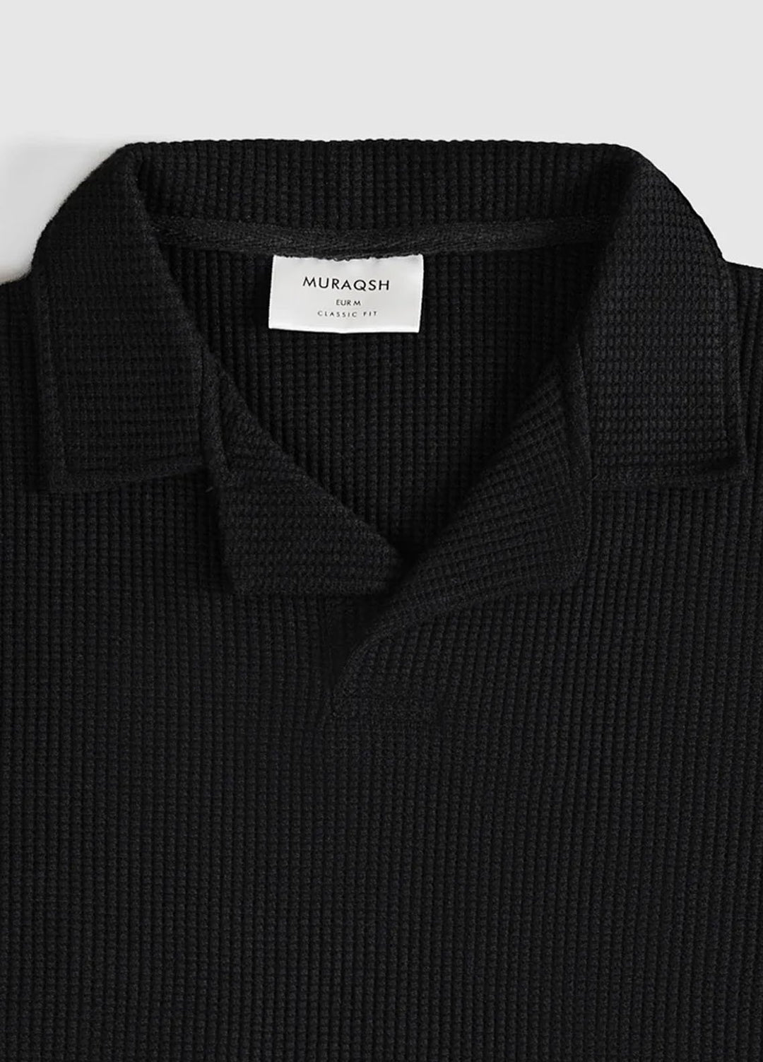 Muraqsh Plain Knit Black Drop Needle Revere Polo