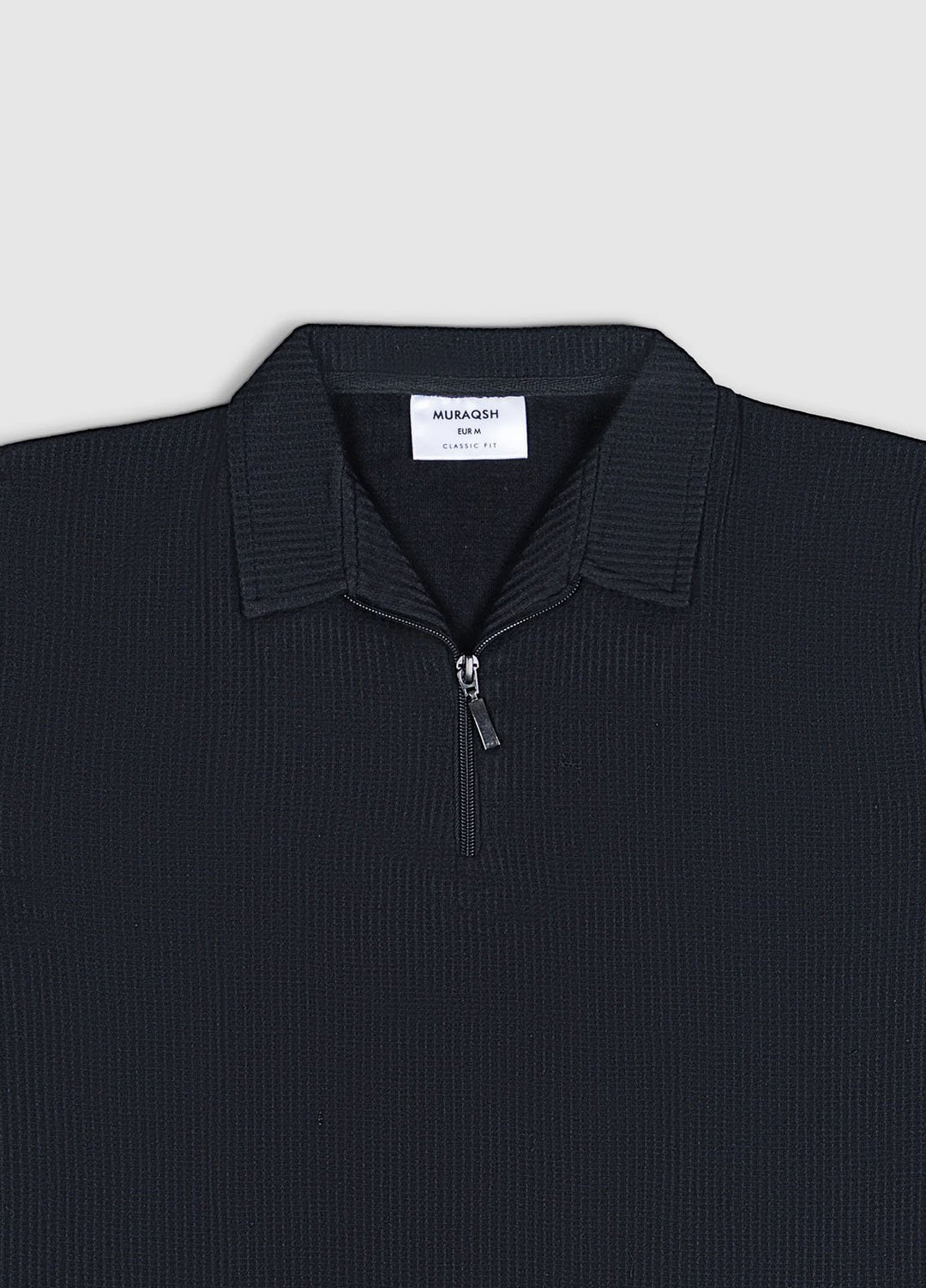 Muraqsh Plain Knit Black Drop Needle Zipper Polo Shirt