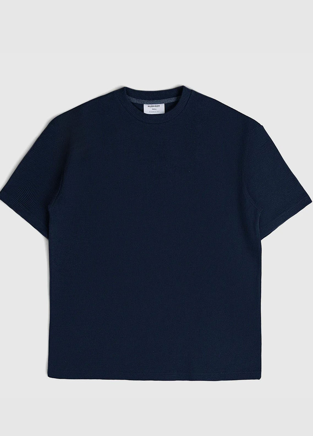 Muraqsh Plain Knit T-Shirt Navy Blue Waffle Oversized