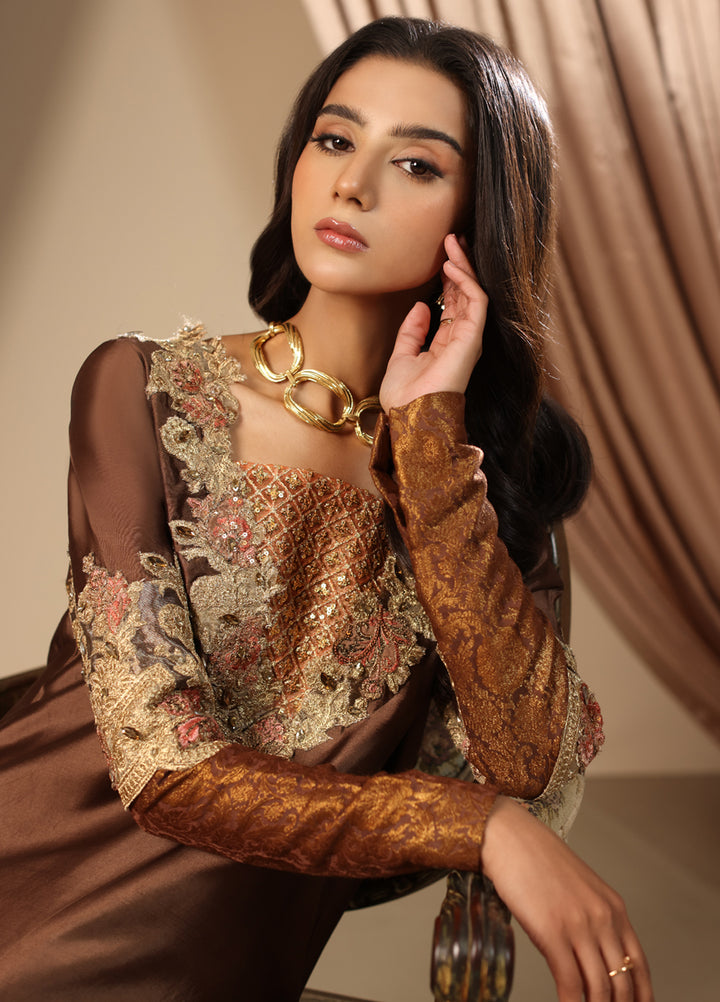 Musferah Saad Pret Embroidered Tissue Silk Kaftaan Mocha Romance
