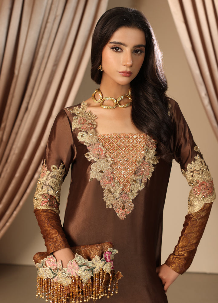 Musferah Saad Pret Embroidered Tissue Silk Kaftaan Mocha Romance