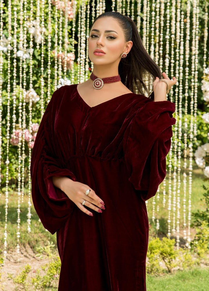 Naayas Luxury Pret  Velvet 2 Piece Dress NA22ELV Pleated Maroon