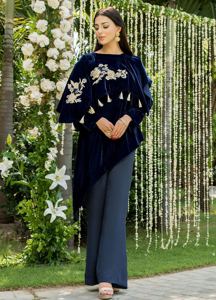 Naayas Luxury Pret  Velvet Shirt NA22ELV Blue cape