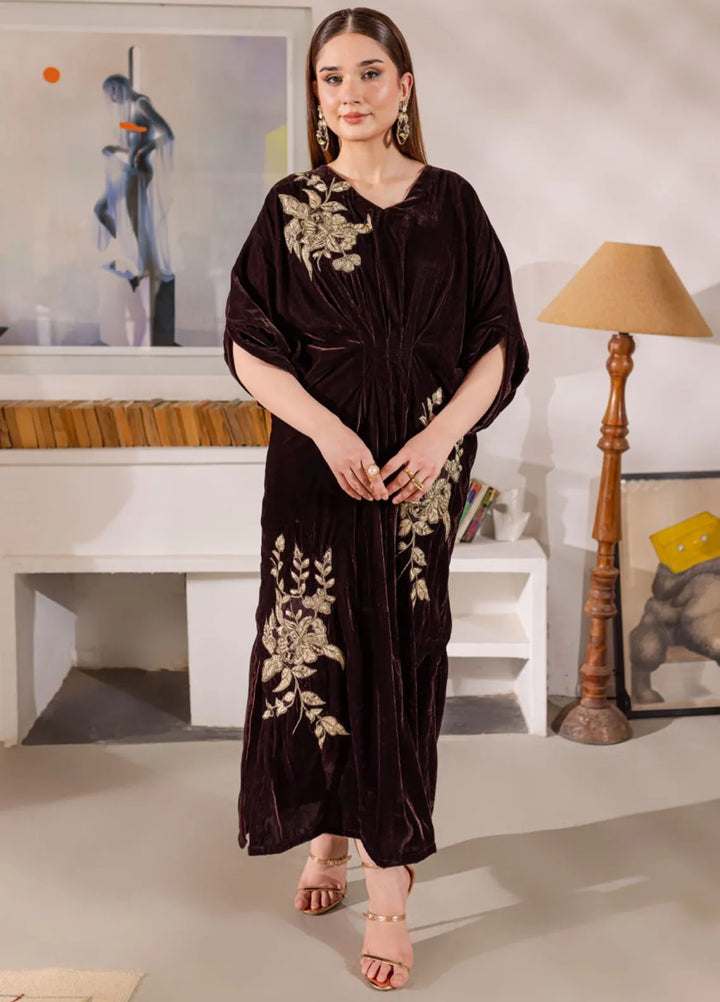 Naayas Luxury Pret Embroidered Velvet Kaftan Chocolate Moose