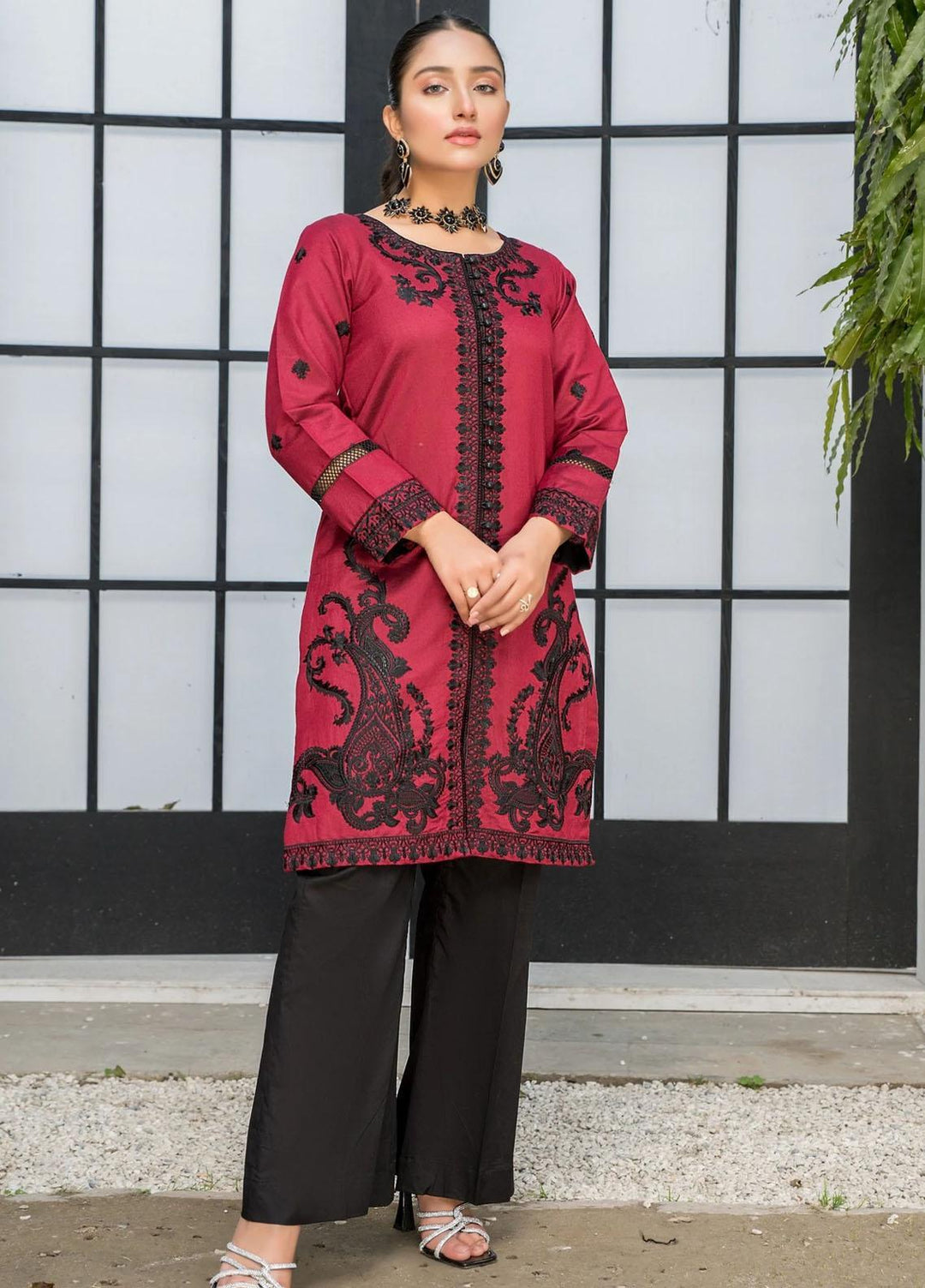 Naayas Luxury Pret Cotton Net Shirt Maroon Red