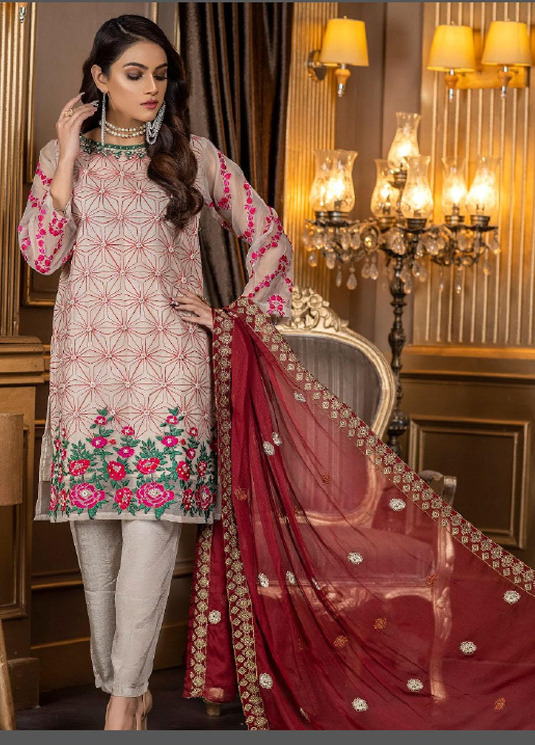 Nazneen By Ketifa Embroidered Organza Suits Unstitched 3 Piece KT21N NZ-0101 Splendid Pallete - Winter Collection