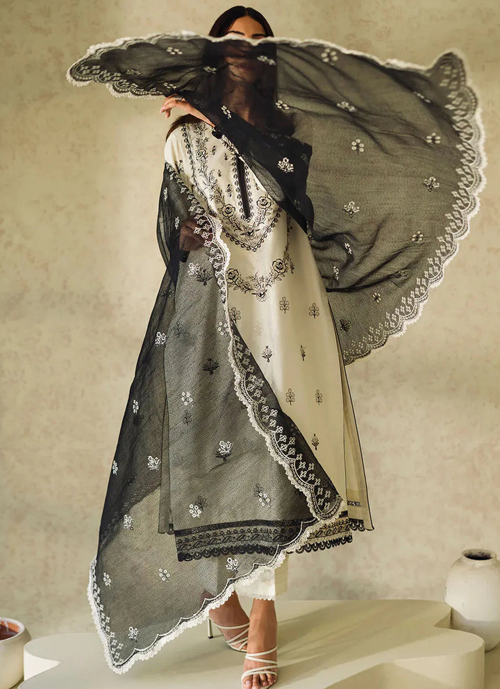 Neeshay Monochrome Embroidered Lawn Suit Unstitched 3 Piece NSH24M Ivory - Summer Collection