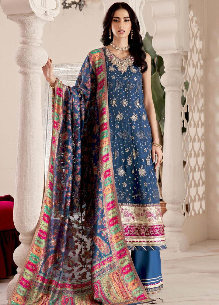Noor Kaani By Saadia Asad Embroidered Chiffon Suits Unstitched 3 Piece NSA23H D2 Blue - Luxury Collection