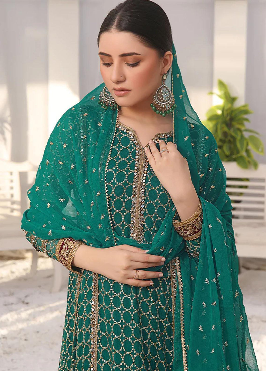 Al Harir Apparel Pret Embroidered Chiffon 3 Piece Suit Miraal Bottle Green