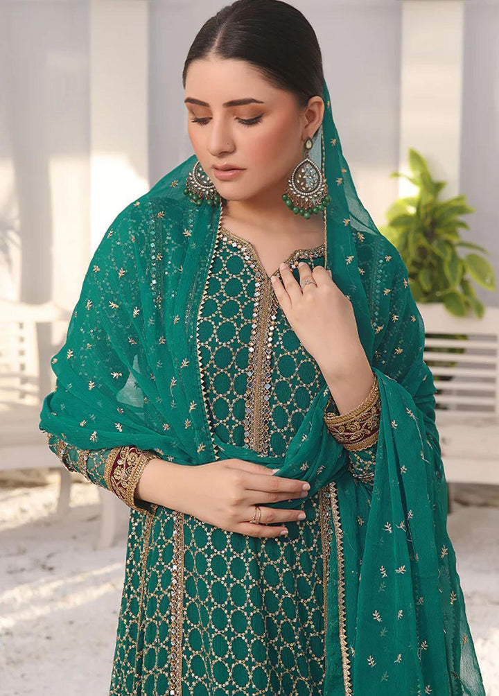 Al Harir Apparel Pret Embroidered Chiffon 3 Piece Suit Miraal Bottle Green