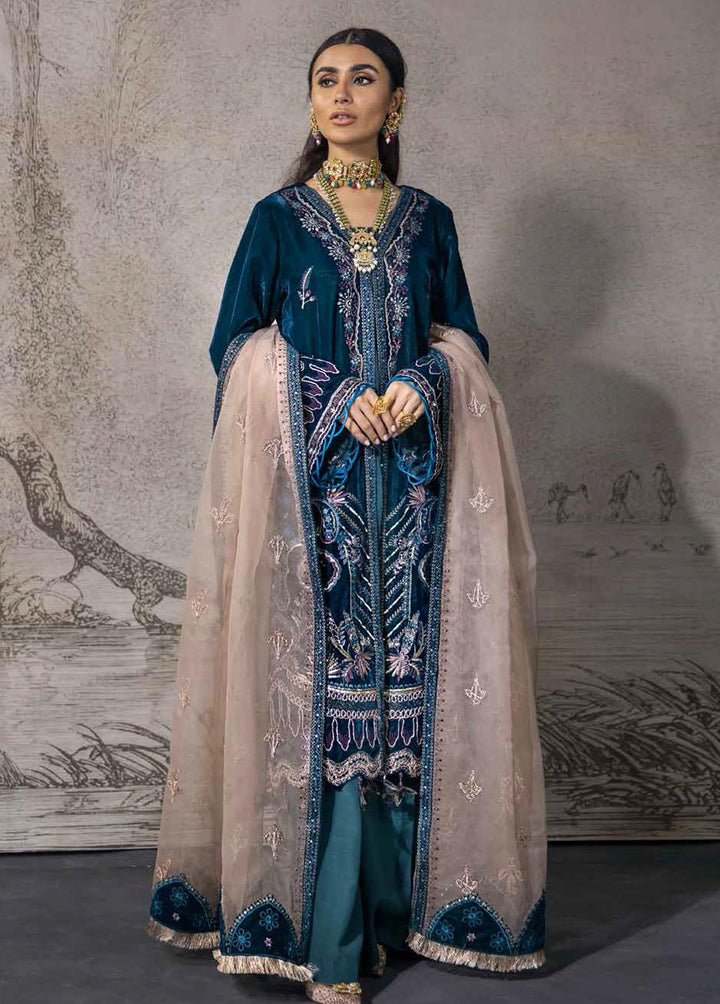 Maya By Nureh Embroidered Velvet Suits Unstitched 3 Piece NU21MV NV-13 Dancing Teal - Winter Collection
