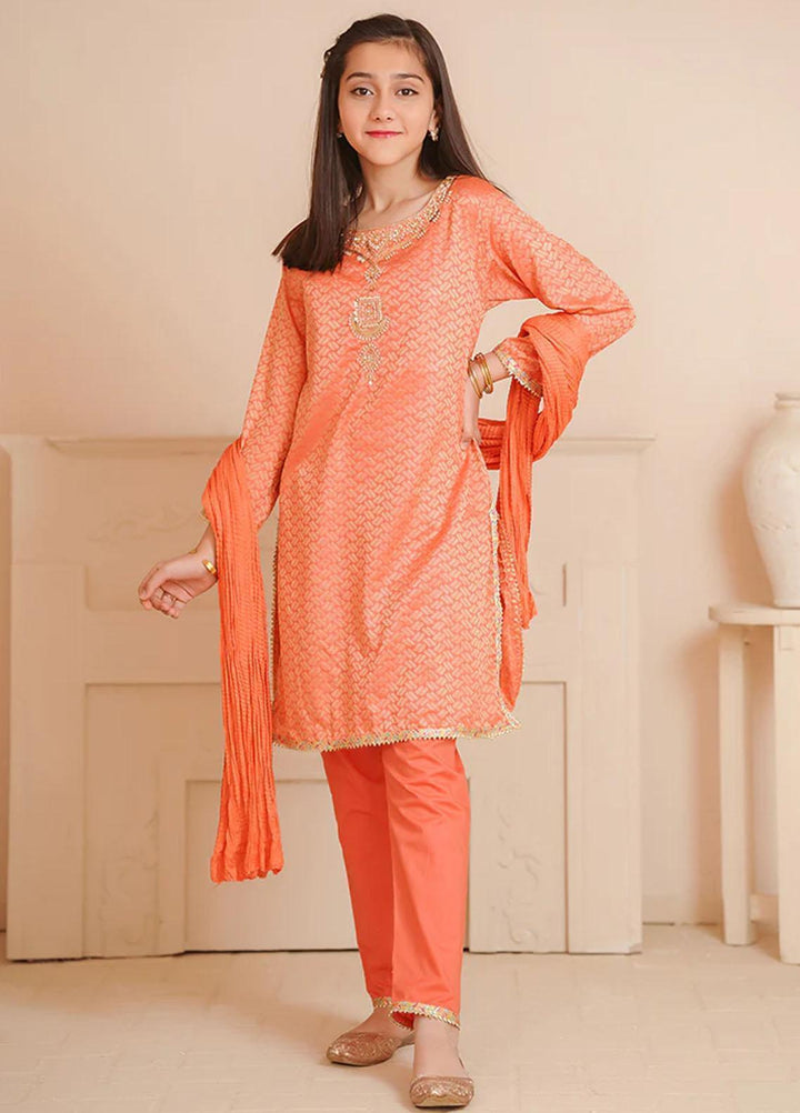 Ochre Jacquard Fancy 3 Piece Suit for Girls -  OFW-JB-08