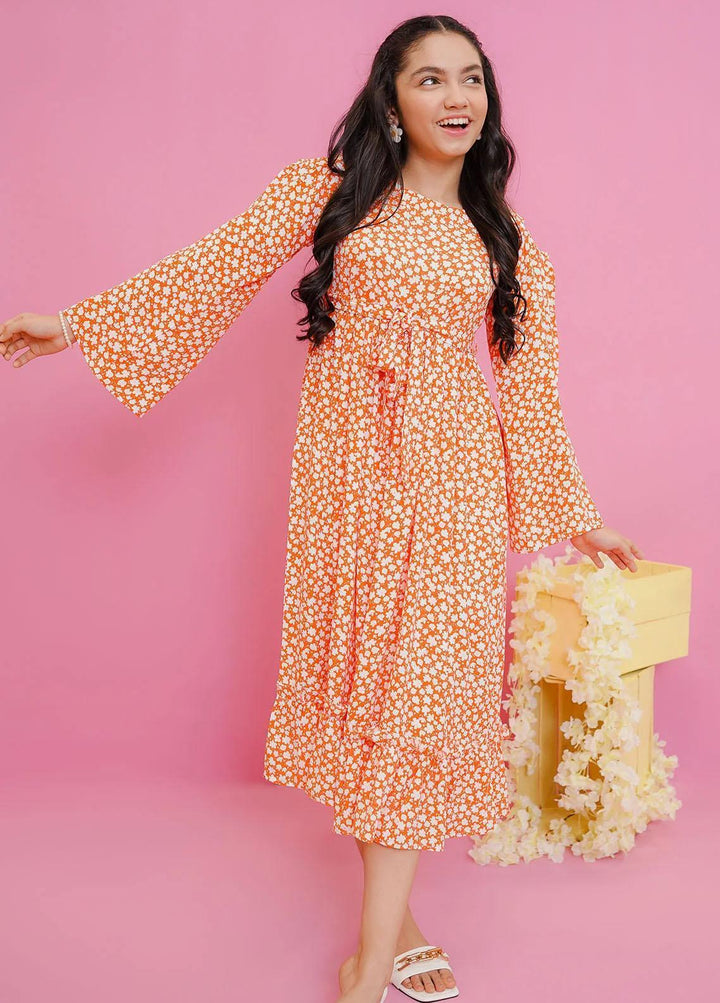Ochre Crepe Western Dress for Girls -  OWT-610