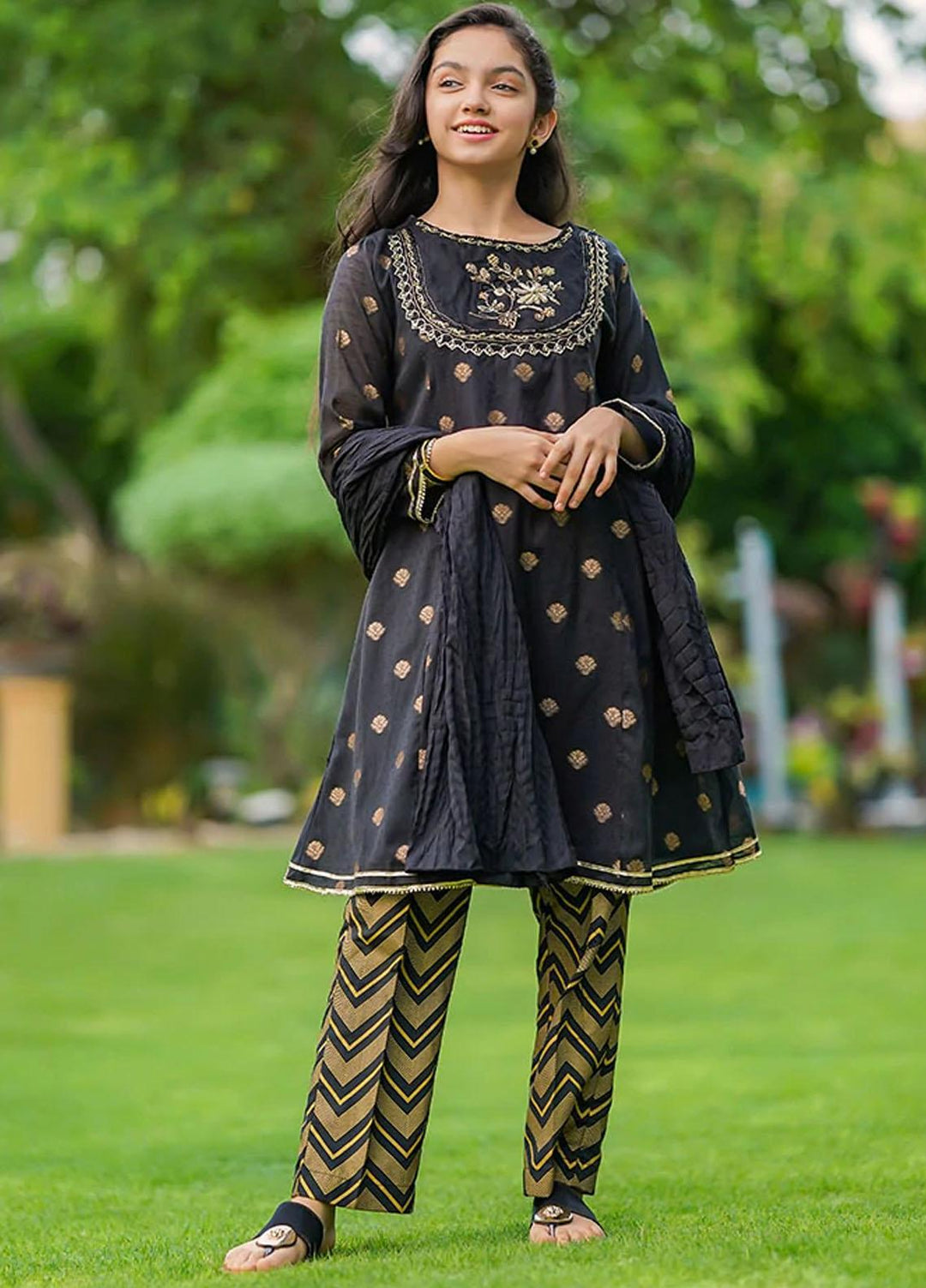 Ochre Cotton Fancy 3 Piece Suit for Girls -  OFW 371 GOLDEN