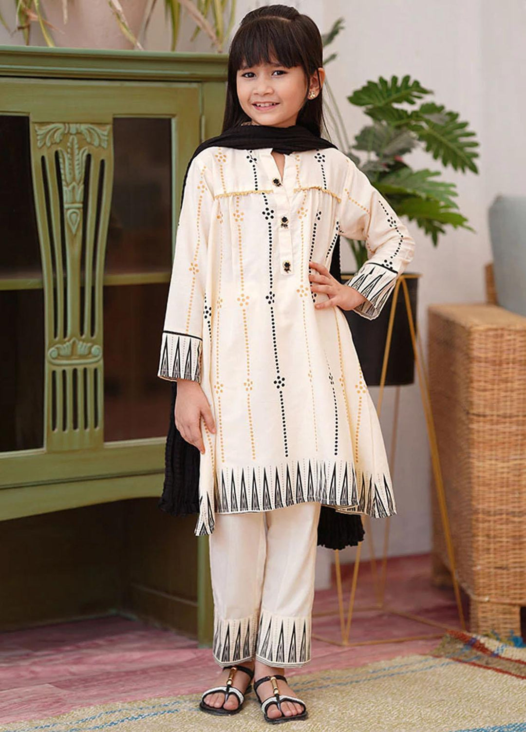 Ochre Cotton Fancy 3 Piece Suit for Girls - OFW 458
