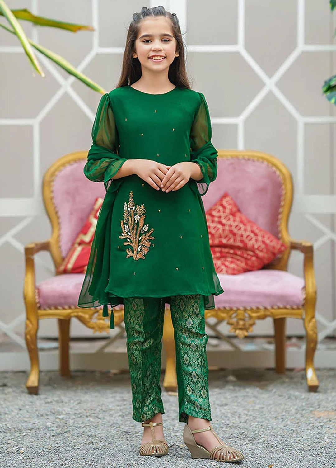 Ochre Chiffon Fancy 3 Piece Suit for Girls - OFW 470