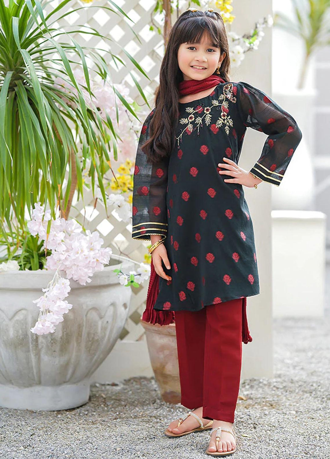 Ochre Cotton Fancy 3 Piece Suit for Girls - OFW 475
