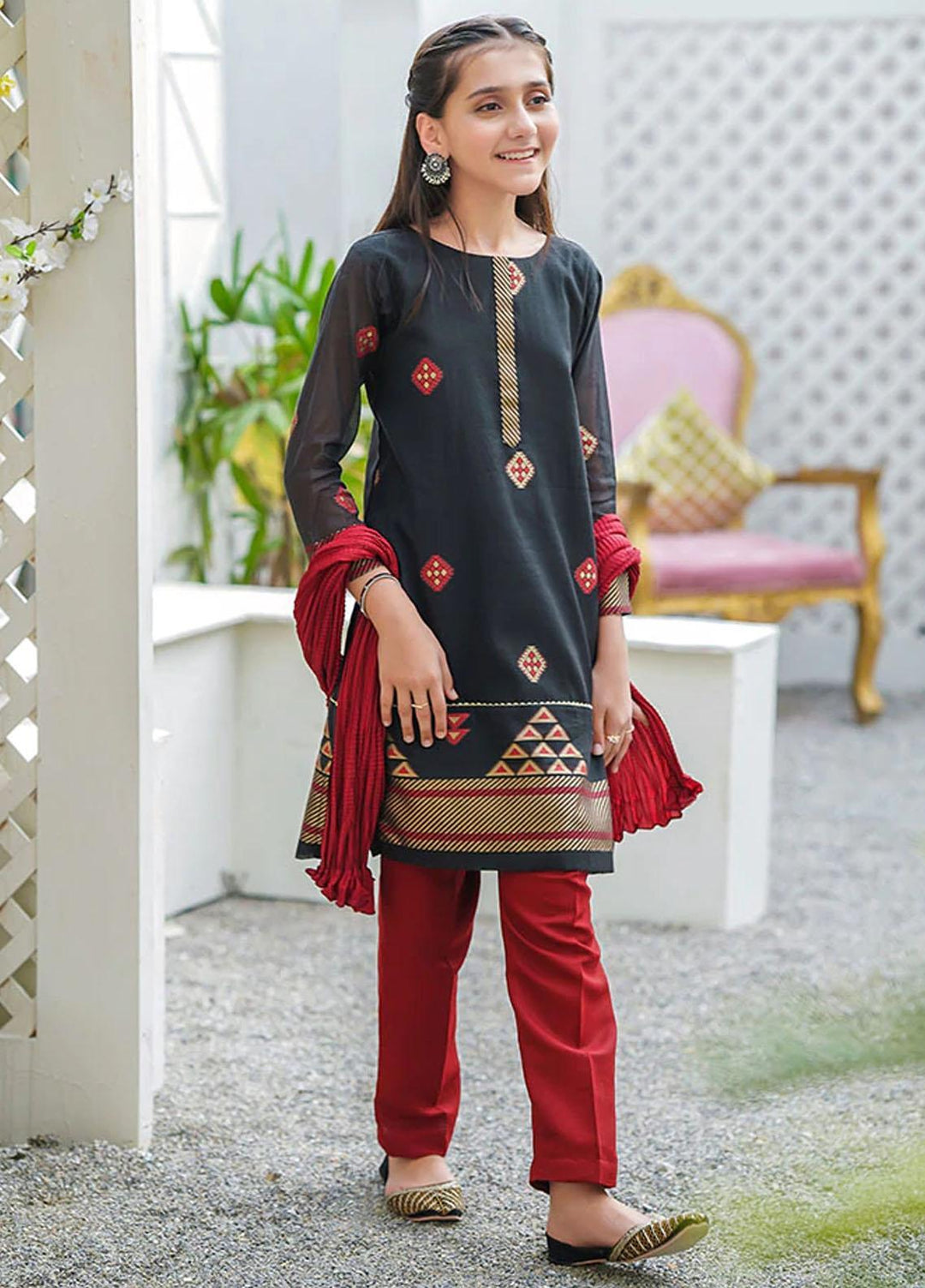 Ochre Cotton Fancy 3 Piece Suit for Girls - OFW 493