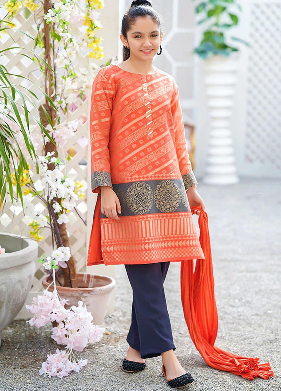 Ochre Cotton Fancy 3 Piece Suit for Girls - OFW 494