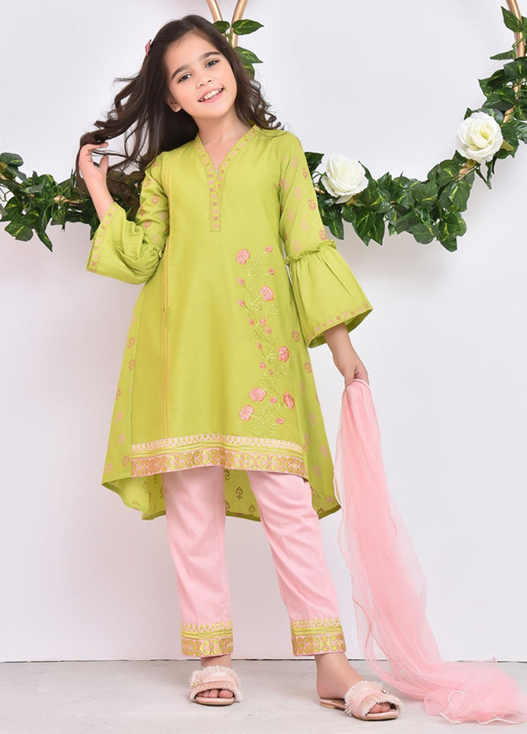 Ochre Cotton 3 Piece for Girls - OFK-793 Lime Green