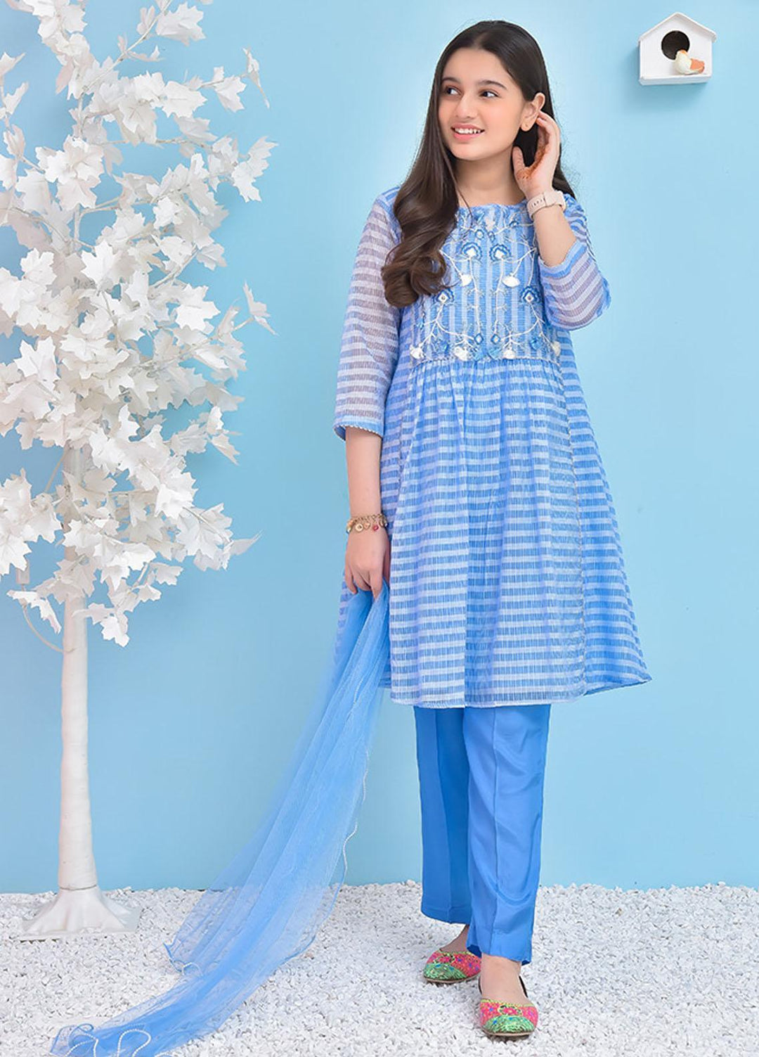Ochre Organza 3 Piece for Girls - OFW-328 Chambry Blue