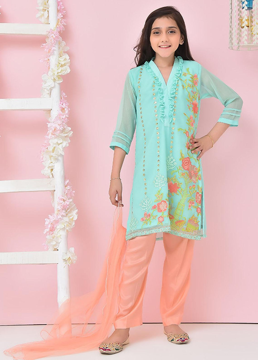 Ochre Chiffon 3 Piece for Girls - OFW-340 Sea Green