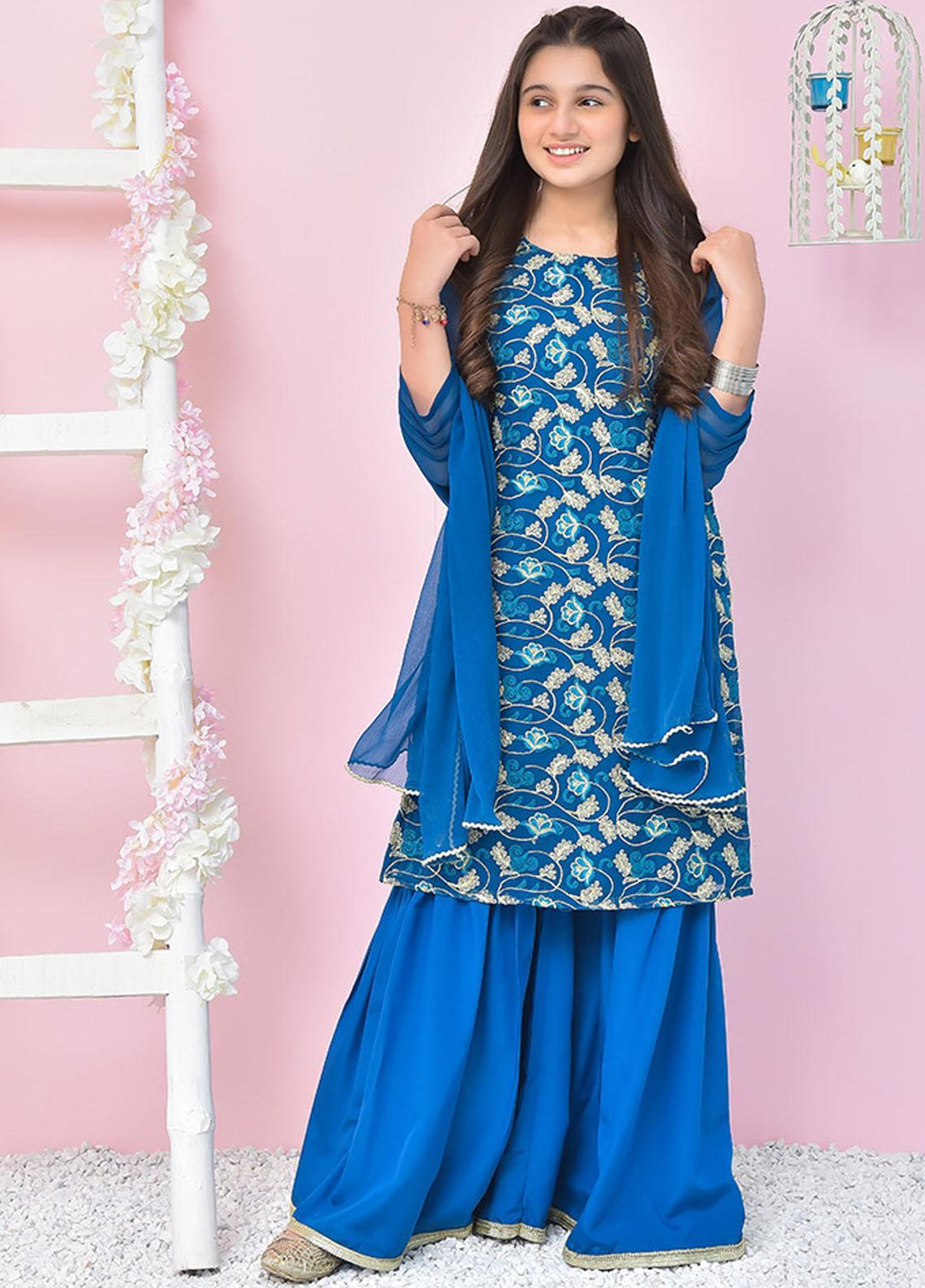 Ochre Chiffon Girls 3 Piece - OFW-342 Teal Blue