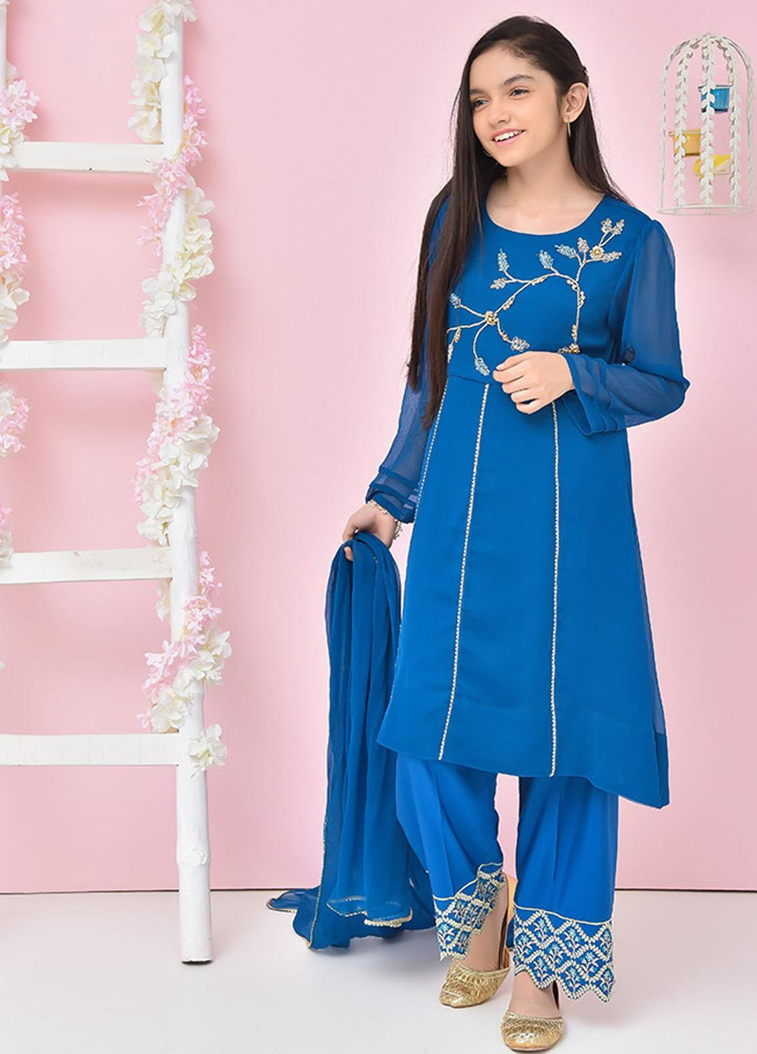 Ochre Chiffon 3 Piece for Girls - OFW-349 Teal Blue
