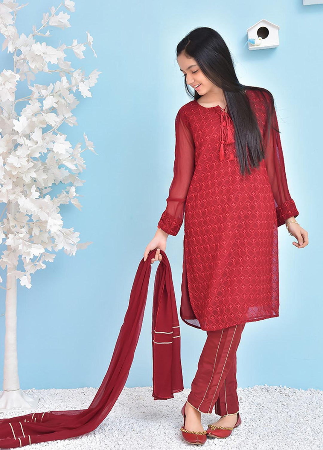 Ochre Chiffon Girls 3 Piece - OFW-350 Maroon